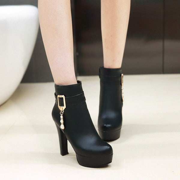 Pu Leather Chunky Heels Short Boots Plus Size Women Shoes 6168 Meetfun 