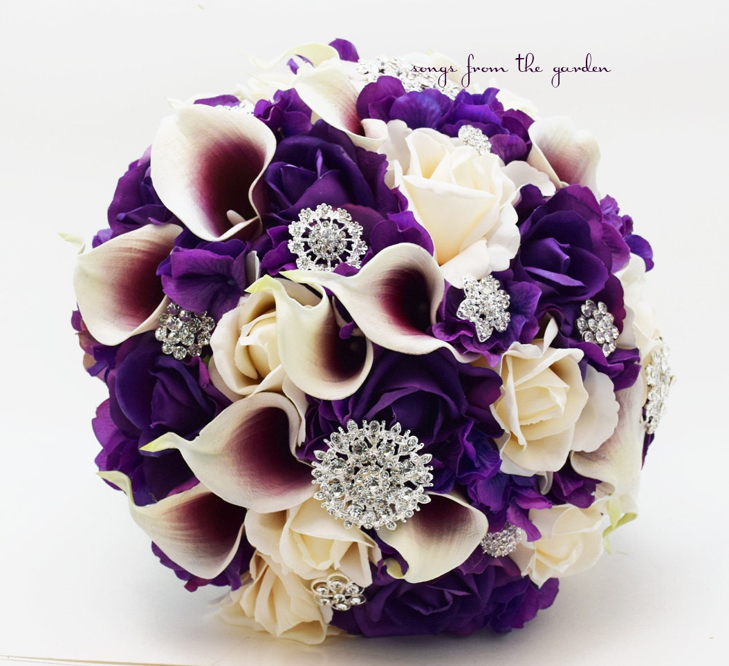 Bridal Bouquet Callas Purple Ivory Roses Rhinestones ...