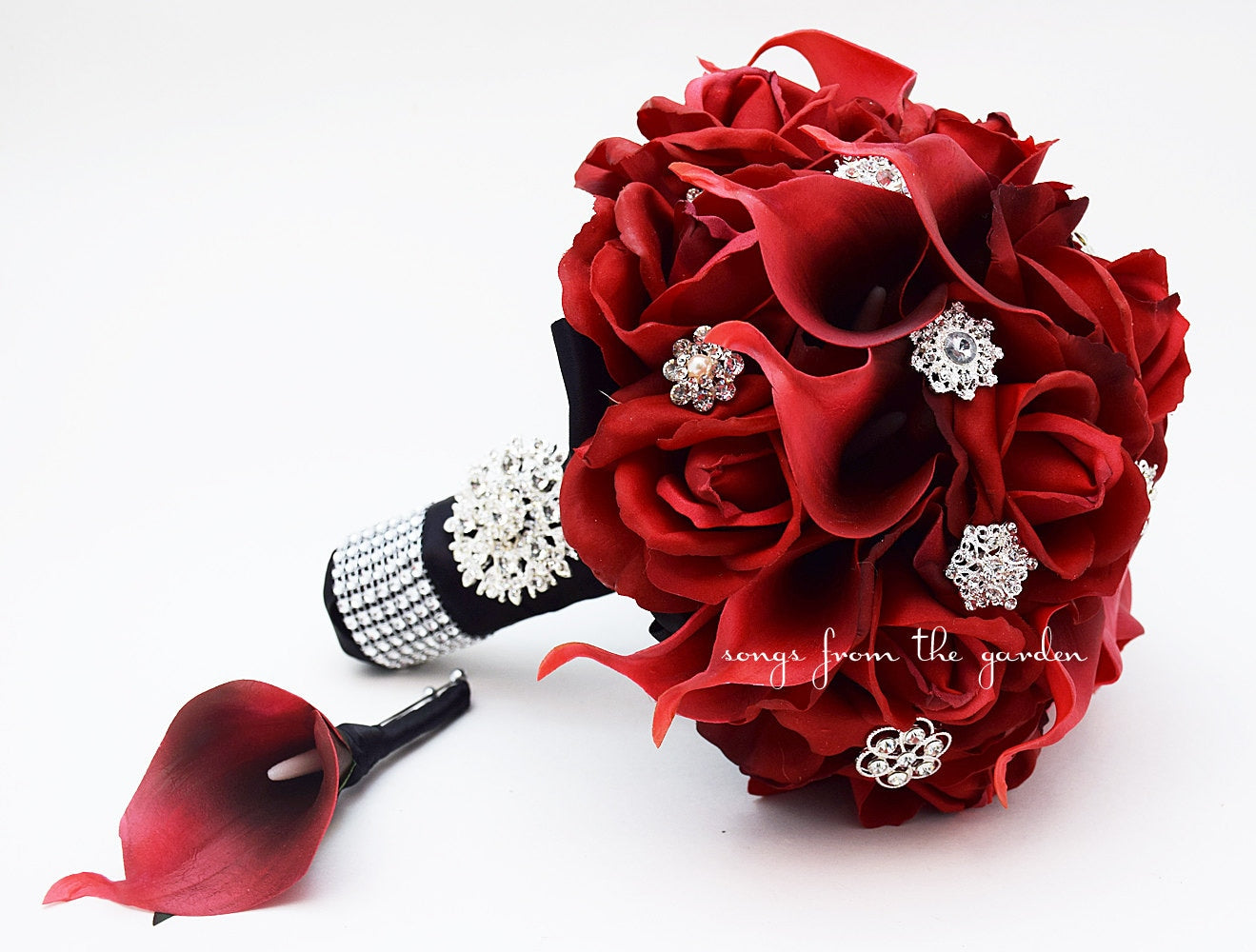 Red Roses Calla Lilies & Rhinestones Bridal Bouquet - Red ...