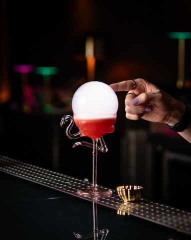 flavour Blaster™️ flamingo glassware with aroma cocktail bubble garnish