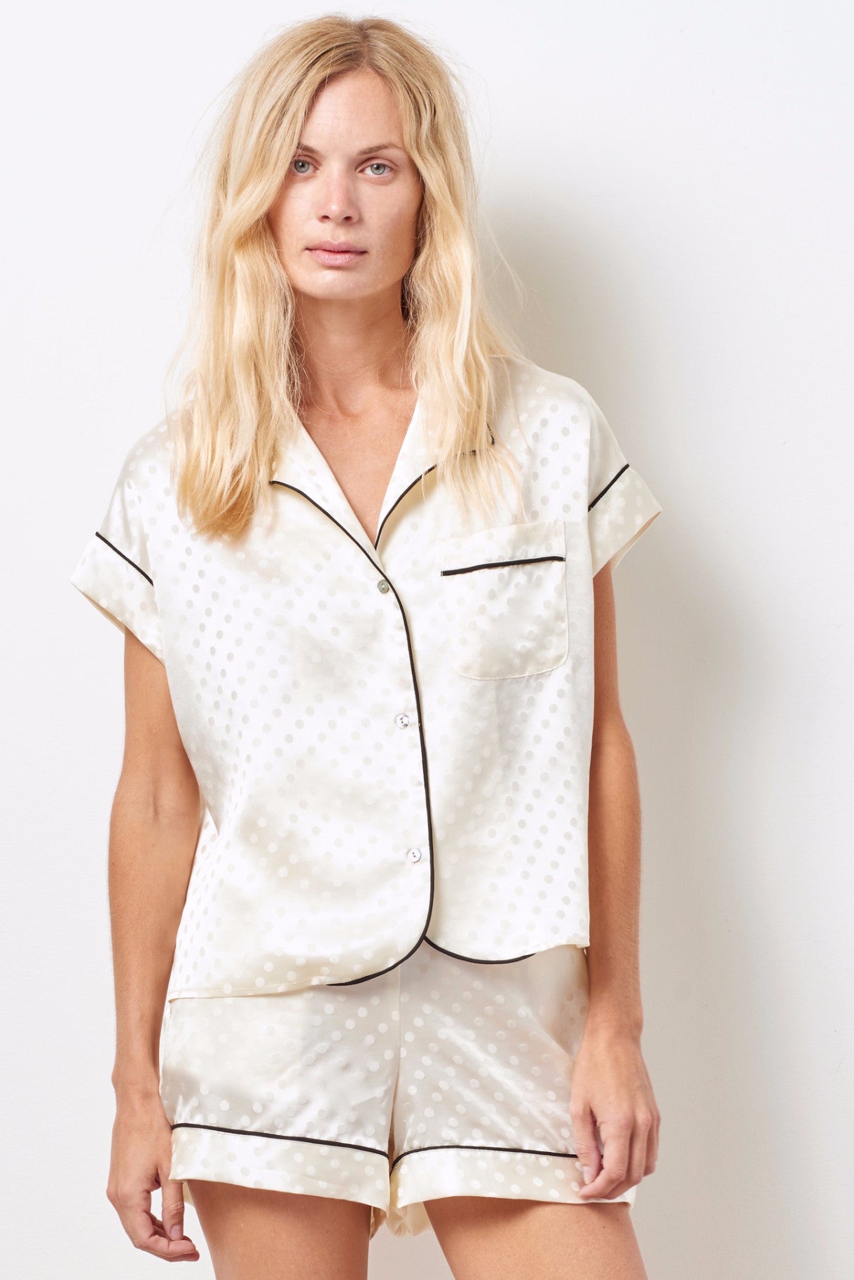 Kacey Silk Short Sleeve Tap Set Ivory Dot Clc By Corey Lynn Calter