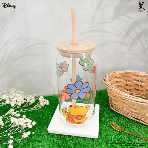 Winnie the Pooh - Colourful Daisy Flowers Borosilicate Glass Can with Bamboo Lid and Straw