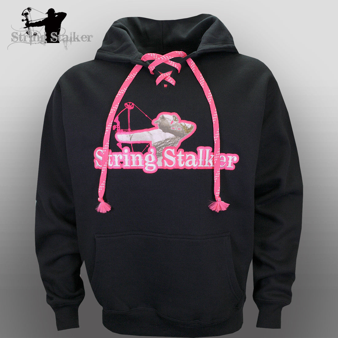 pink hoodie with black strings