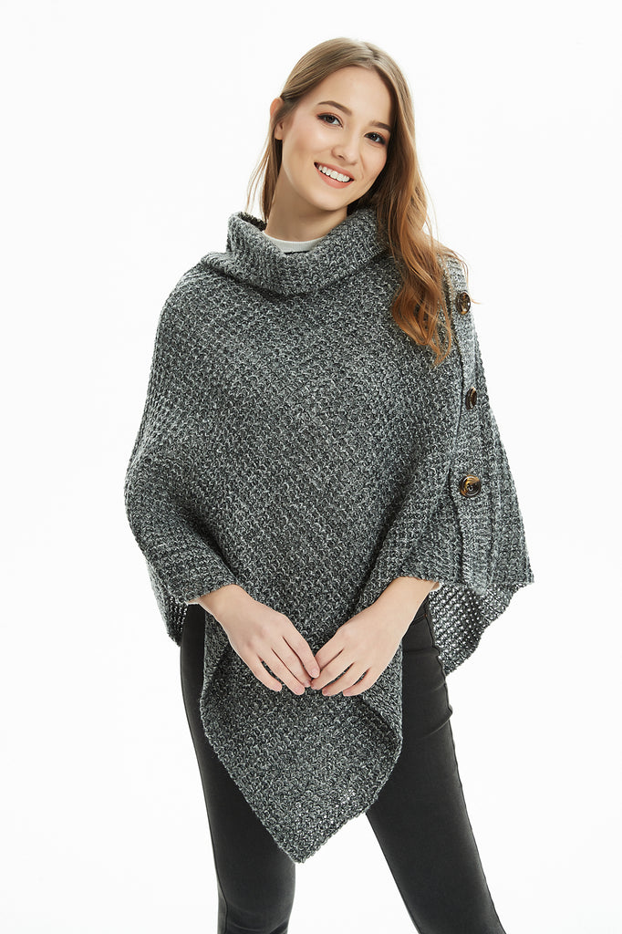 Soft Turtle Cowl Neck Knit Poncho Sweater with Horn Buttons – Ferand