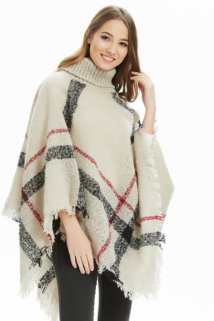 Women's Plaid Soft Warm Turtleneck Poncho Sweater – Ferand