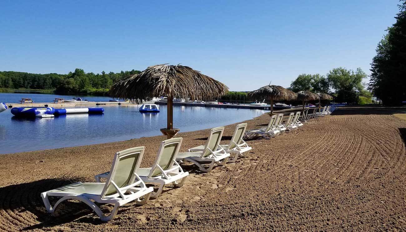 seats row installed on a beach at the Pleasure Park campsite