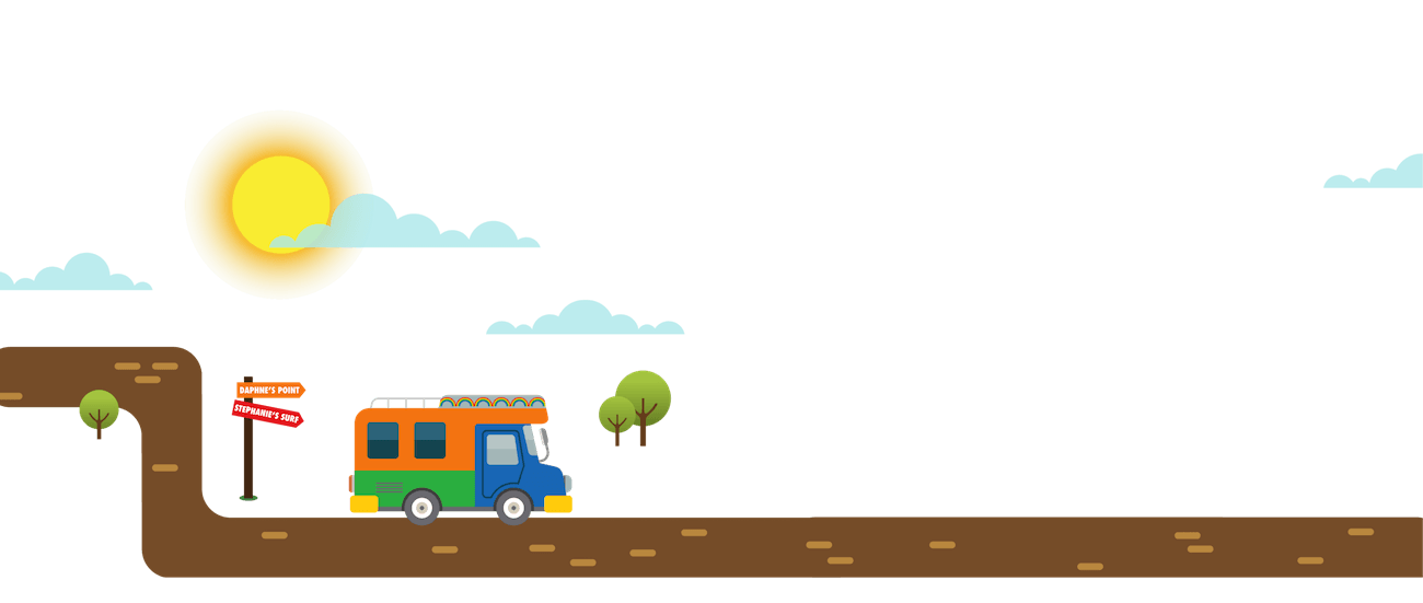 animation of an RV heading to the campsite for tents and Double M RVs