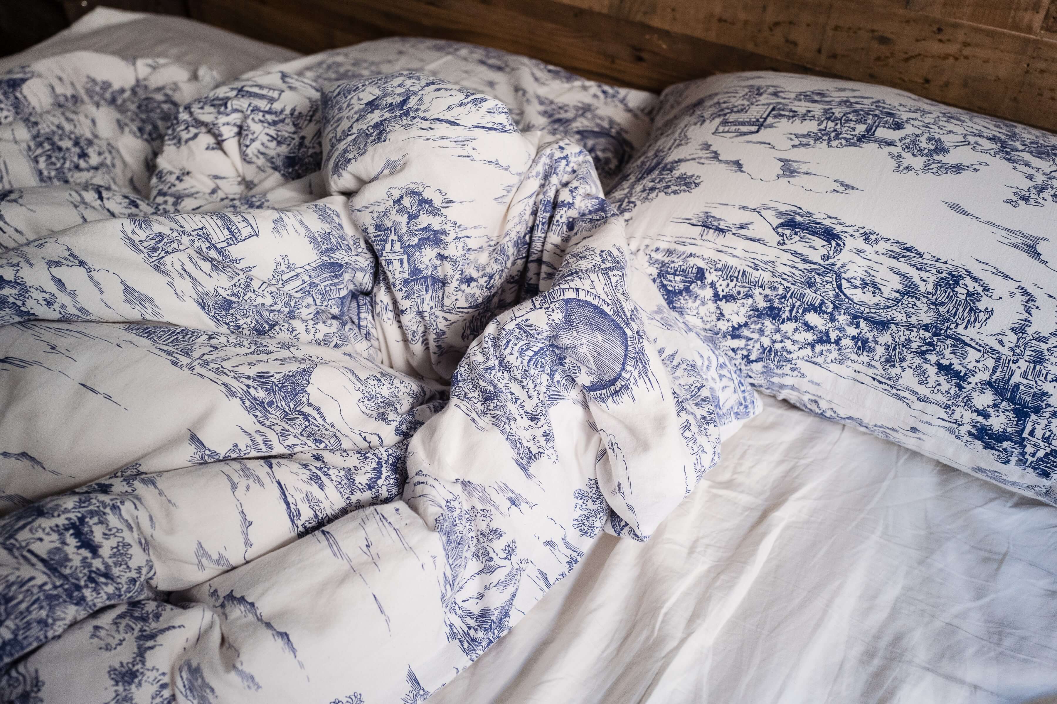 A comforter with toile de Jouy patterns