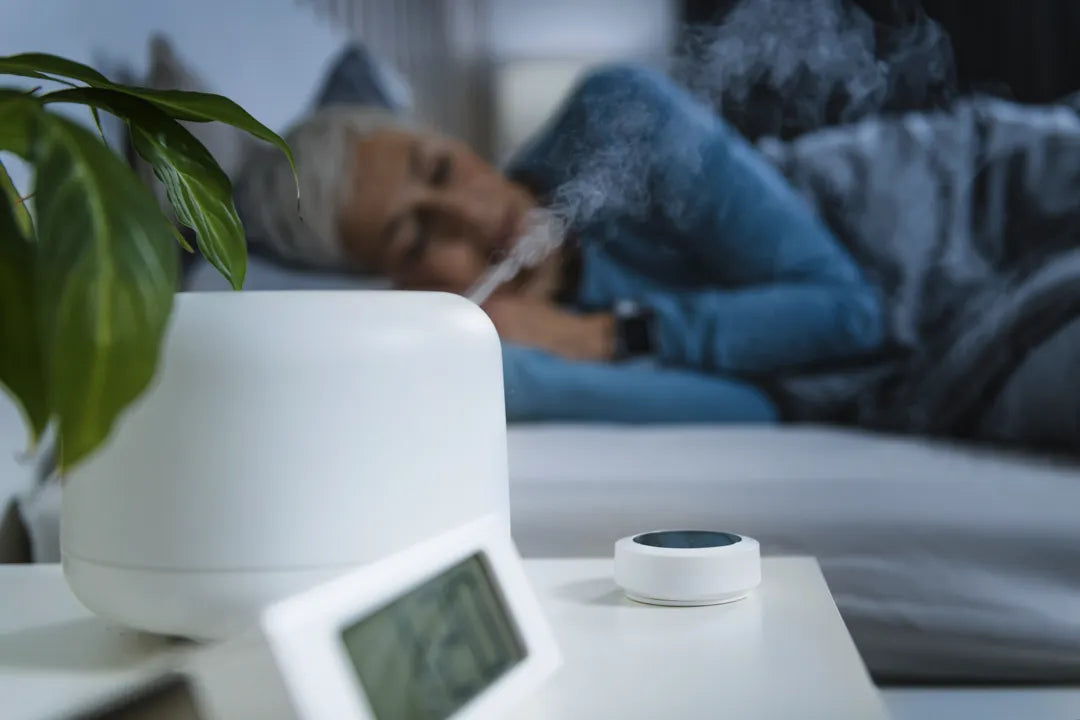 An Air humidifier increasing the humidity in a bedroom for a better sleep.