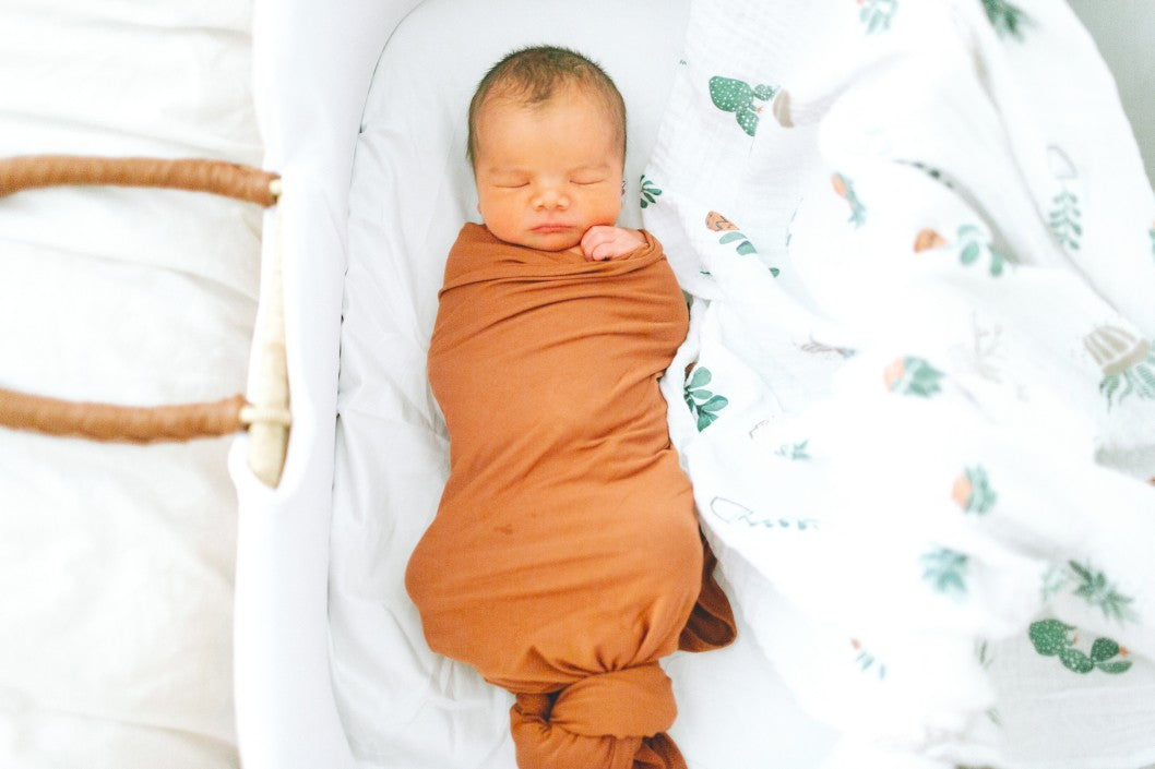 Very young baby sleeping swaddled in a sleep bag in his crib