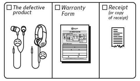 Icon of defective product, warranty form, and receipt.