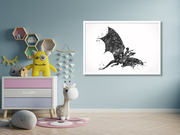 Dragon Rider Boy Watercolor Print Boys Art Teen Room Decor Black White Cocomilla