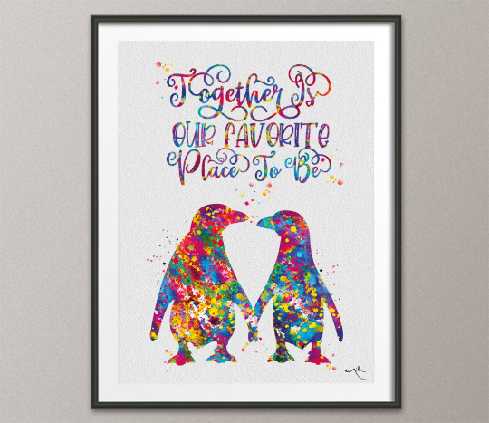 Penguin Couple Watercolor Print Together Is Our Favourite Place To Be Cocomilla