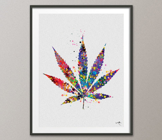 Marijuana Leaf Watercolor Print Cannabis Office Clinic Party Wall Deco Cocomilla