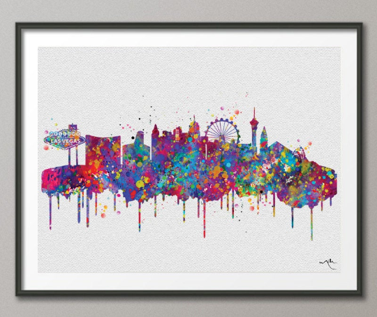 Las Vegas Skyline Watercolor Print Nevada Cityscape Wedding Gift Trave Cocomilla