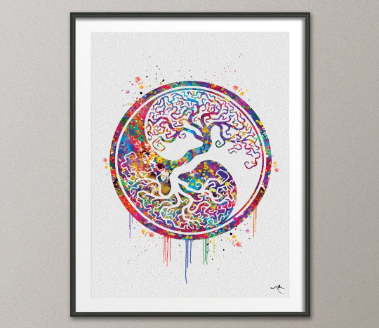 Yin Yang Tree of Life 2 Watercolor Art Print Wall Art Poster