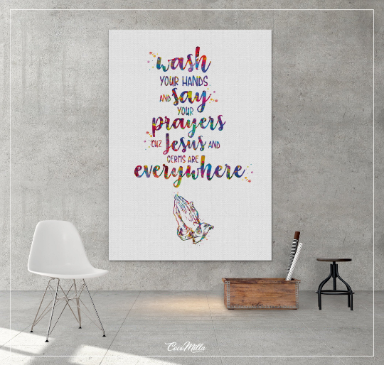 Wash Your Hands Quote Watercolor Print Praying Hand Wall Art Bathroom Cocomilla