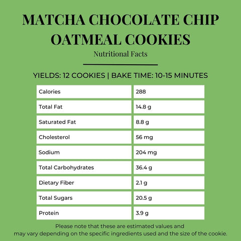 matcha oatmeal cookies with chocolate chip 288 calories per large cookie