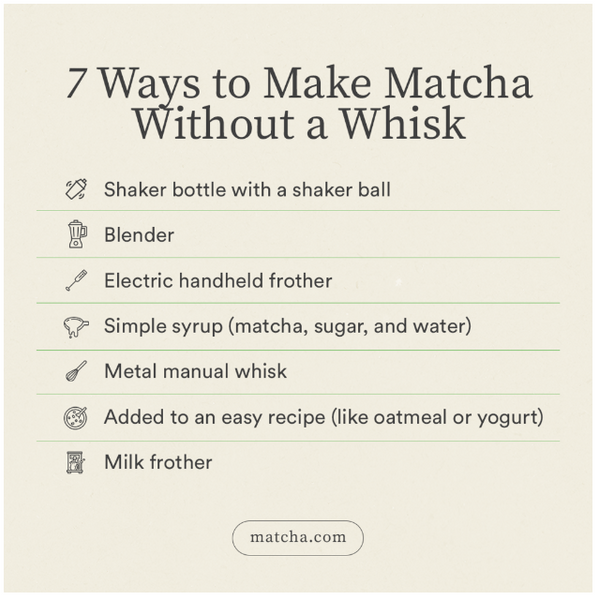 7 ways to make matcha green tea without a whisk. How to prepare matcha tea without a bambo whisk.
