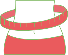 Digital drawing of thin stomach with measuring tape, red color with green lines