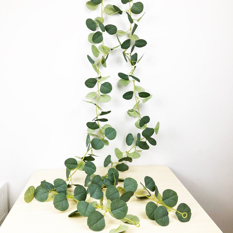 (2 PCS) 150cm Wall Hanging Rattan Artificial Eucalyptus Plants Vine Silk Leaves