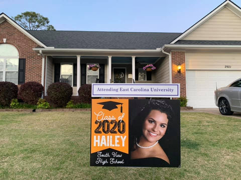 Sample senior photo yard sign with college rider announcement