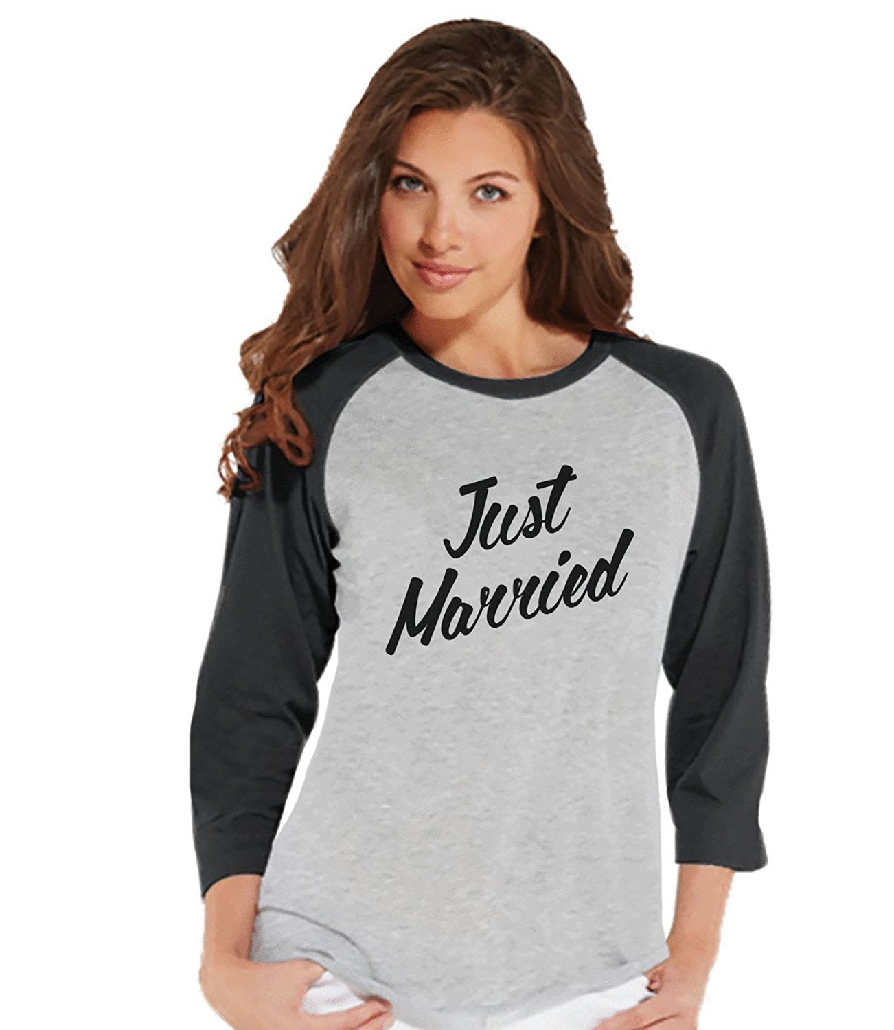 7 ate 9 Apparel Women's Just Married Bride Baseball Tee