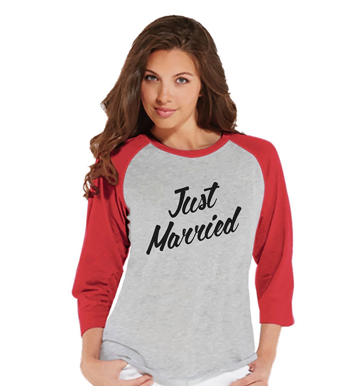 7 ate 9 Apparel Women's Just Married Bride Baseball Tee