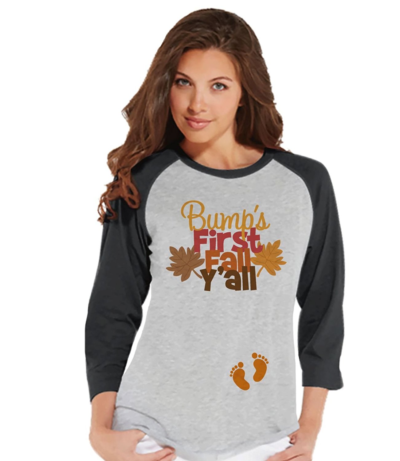 7 ate 9 Apparel Womens Bump's First Fall Pregnancy Announcement Raglan Tee