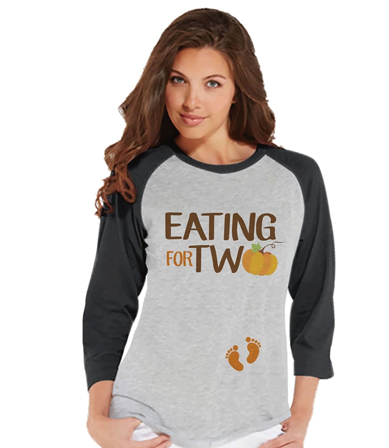 7 ate 9 Apparel Womens Eating for Two Thanksgiving Pregnancy Announcement Raglan Tee