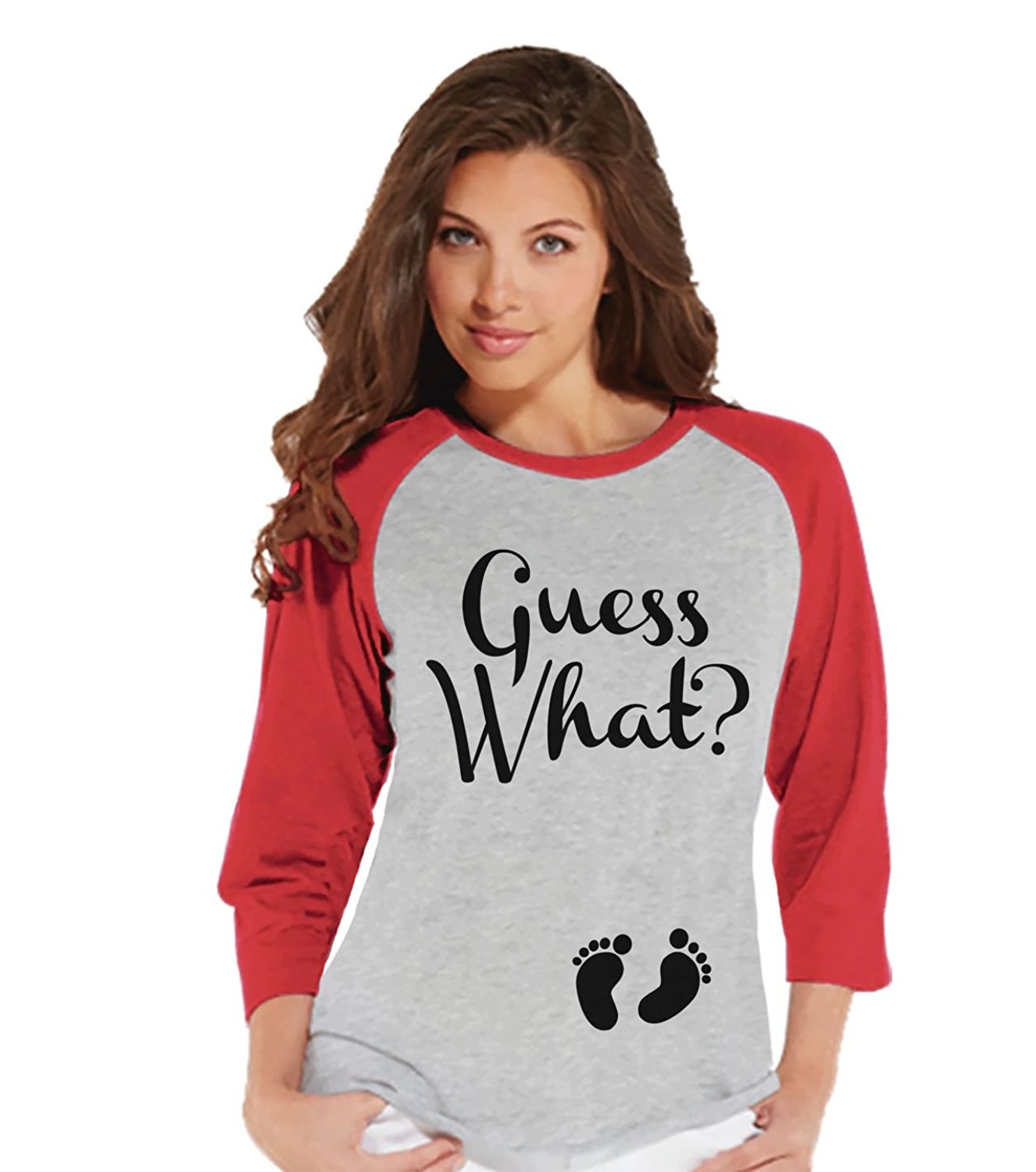 7 ate 9 Apparel Women's Guess What Pregnancy Announcement Baseball Tee