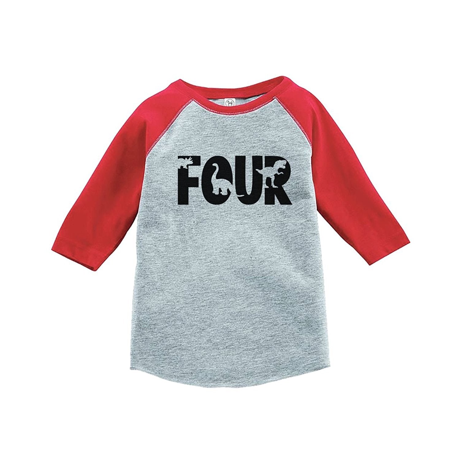 7 ate 9 Apparel Four Forth Birthday Dinosaur Red Baseball Tee