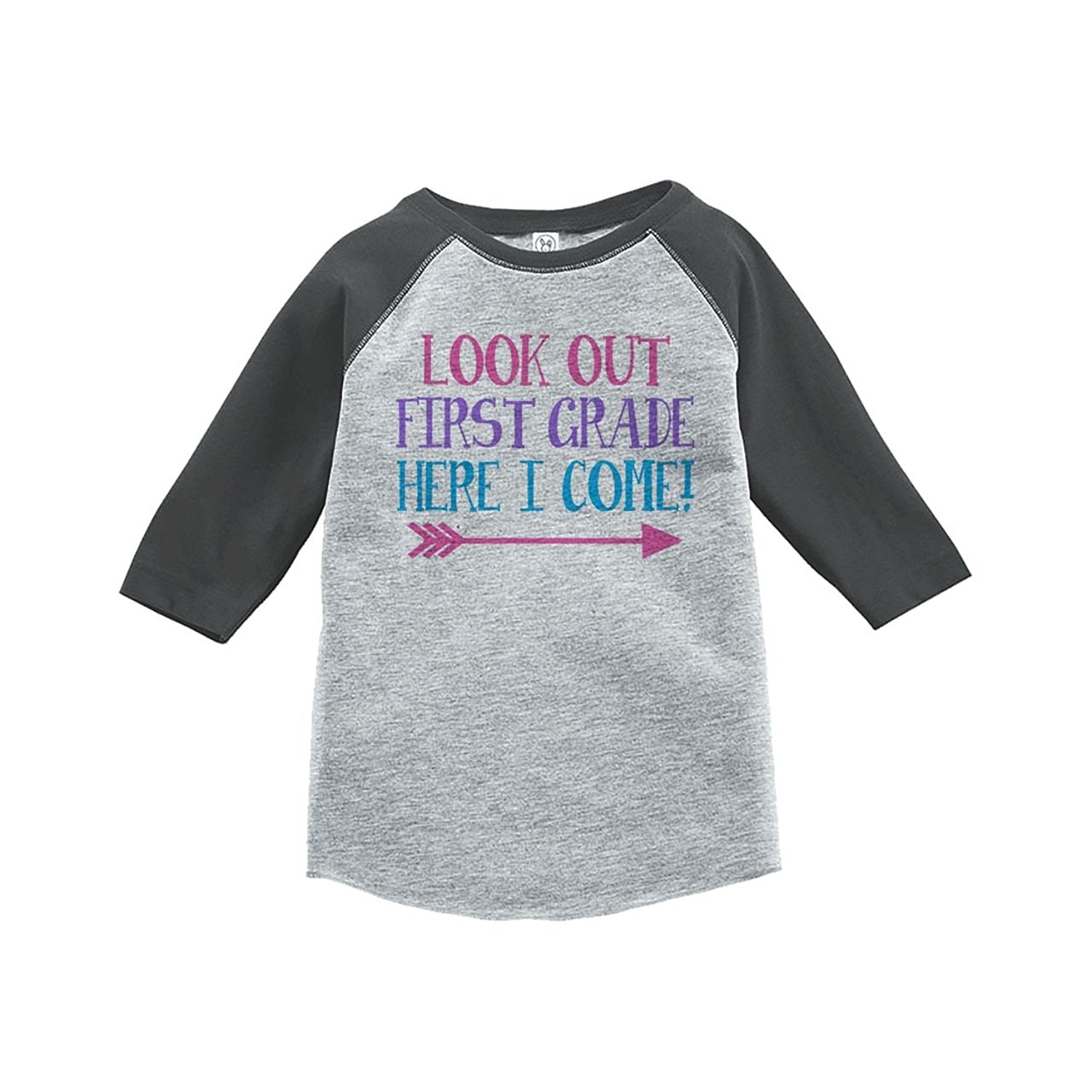 7 ate 9 Apparel Girls Look Out 1st Grade Grey Baseball Tee