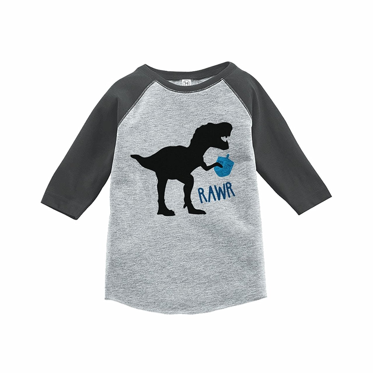 7 ate 9 Apparel Kids Funny Dinosaur Hanukkah Grey Raglan Tee