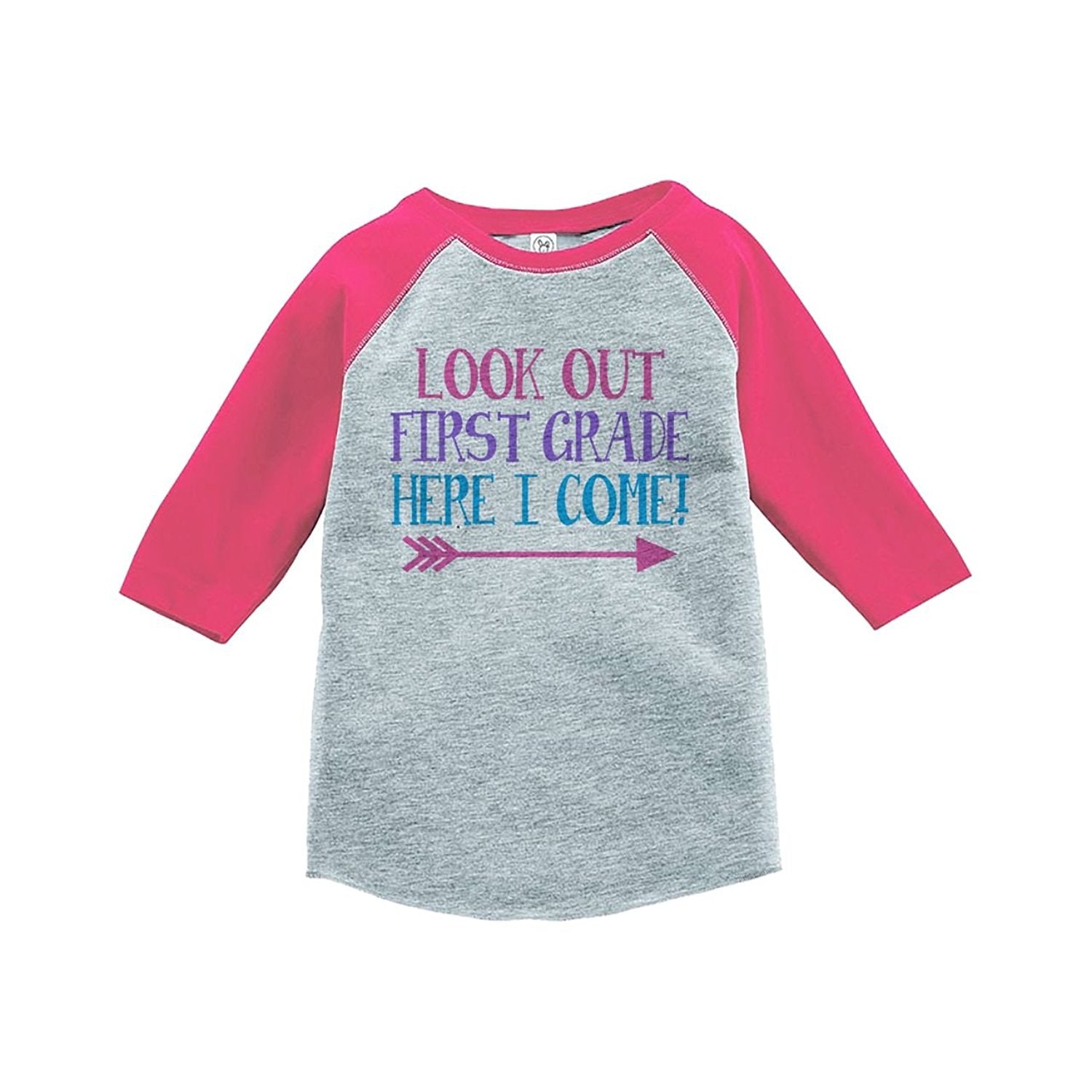 7 ate 9 Apparel Girls Look Out 1st Grade Pink Baseball Tee