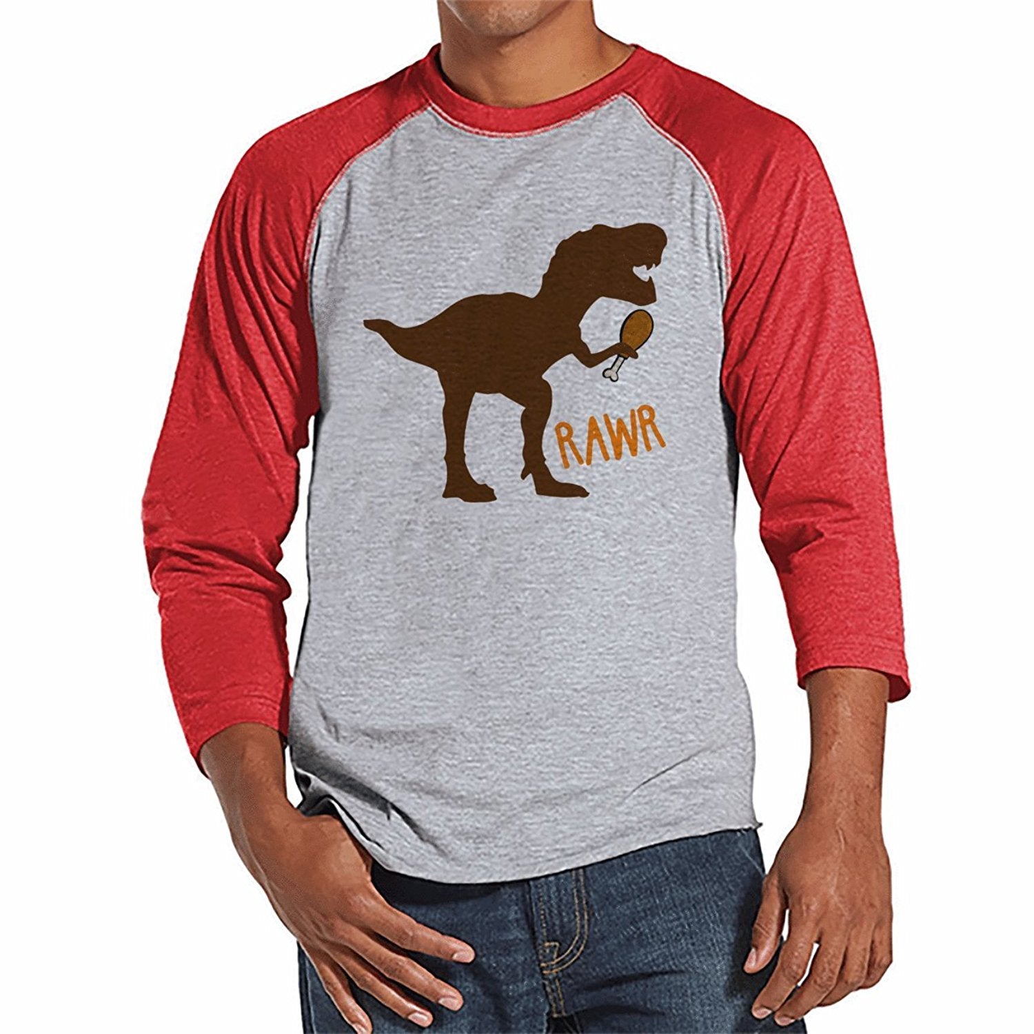 7 ate 9 Apparel Men's Funny Dinosaur Thanksgiving Baseball Tee