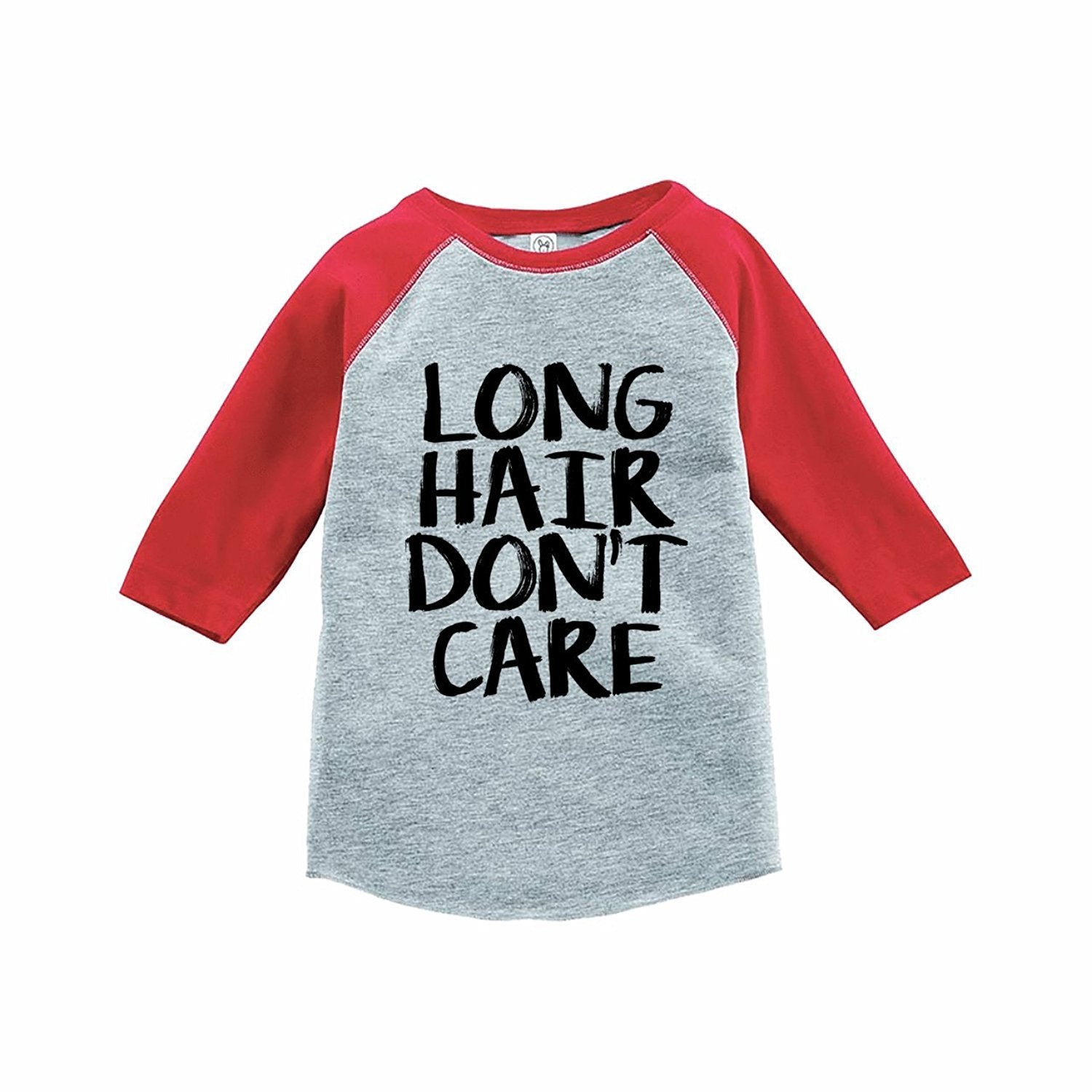 7 ate 9 Apparel Funny Kids Long Hair Don't Care Baseball Tee Red