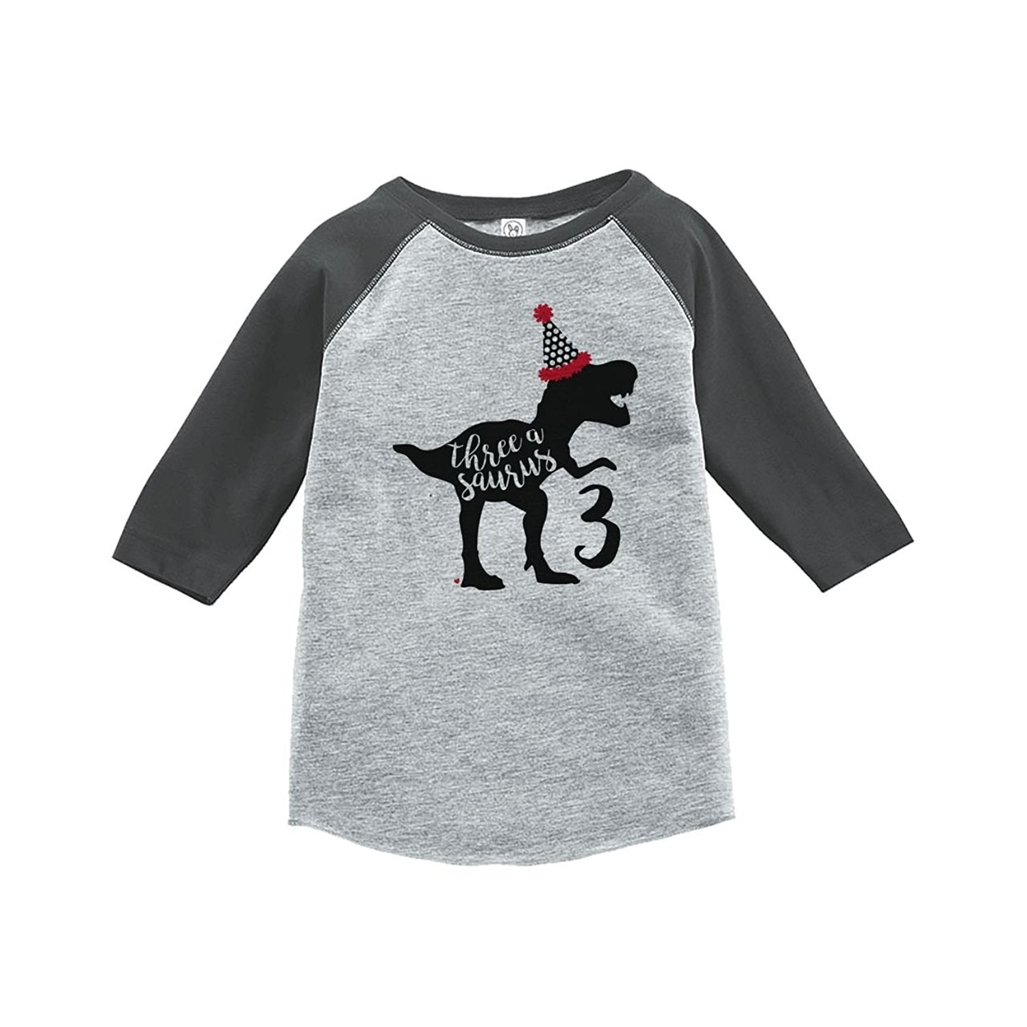 7 ate 9 Apparel Threeasaurus Three Third Birthday Dinosaur Grey Baseball Tee