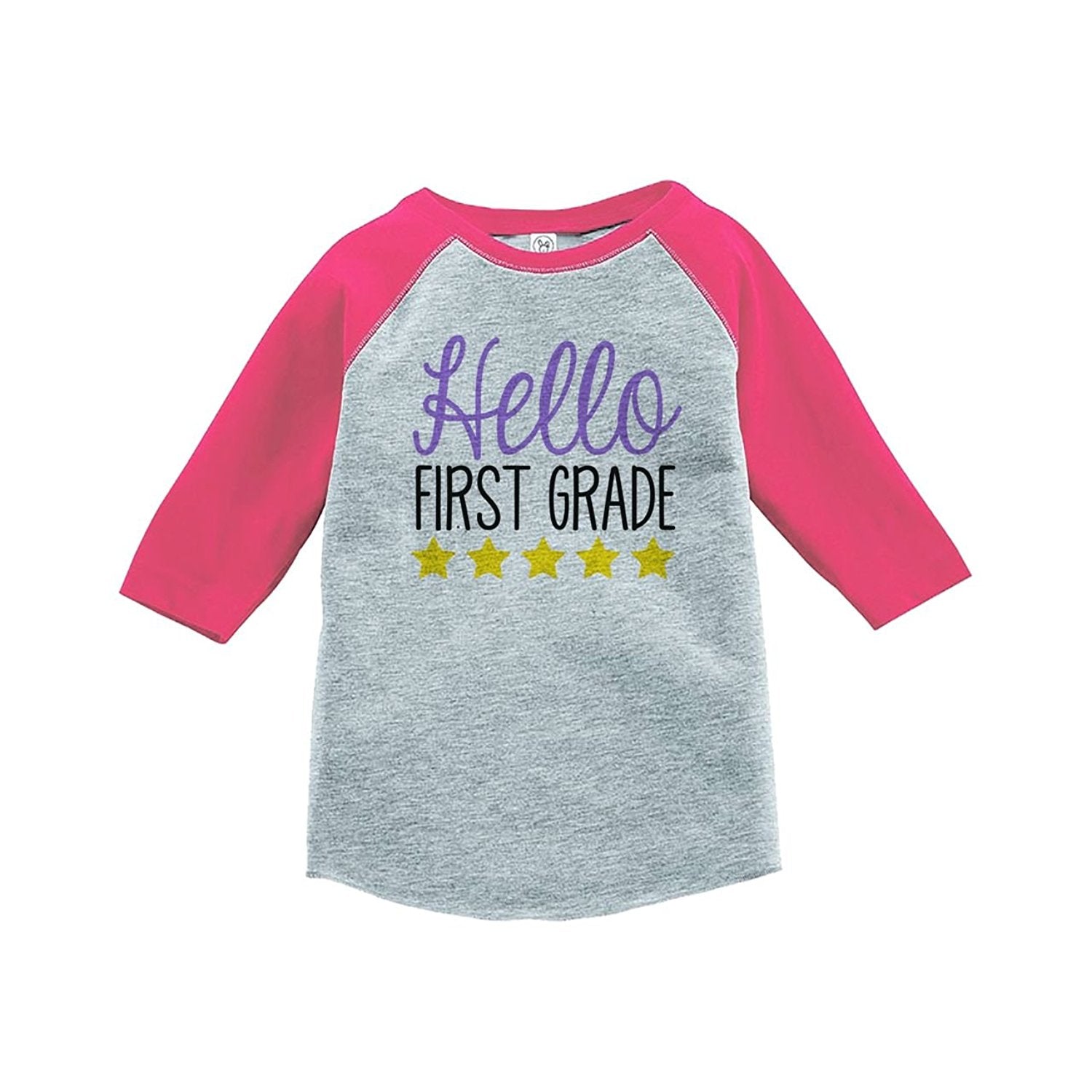 7 ate 9 Apparel Girls Hello First Grade School Pink Baseball Tee