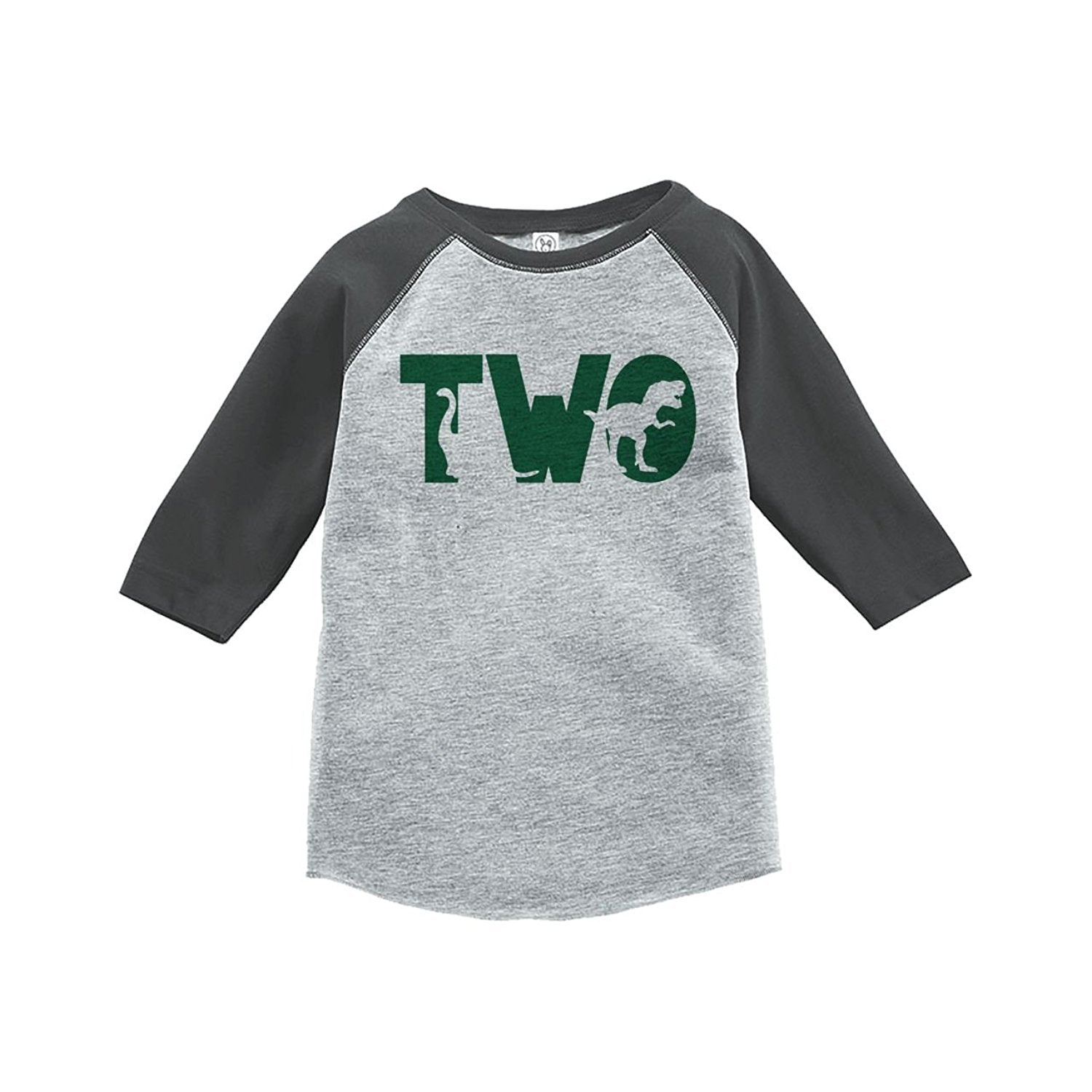 7 ate 9 Apparel Two Second Birthday Dinosaur Grey Baseball Tee