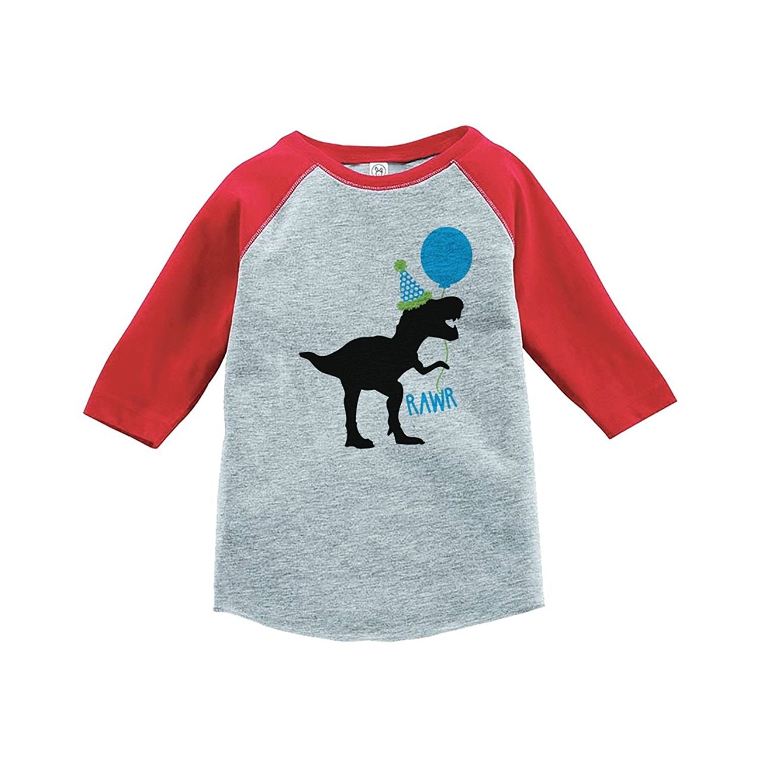 7 ate 9 Apparel Kids Dinosaur Birthday Red Baseball Tee