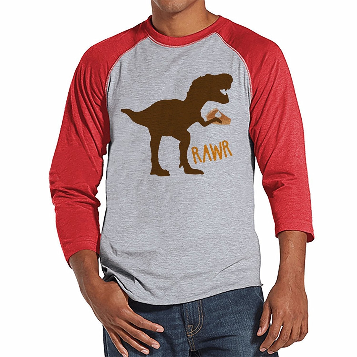 7 ate 9 Apparel Men's Funny Dinosaur Thanksgiving Baseball Tee