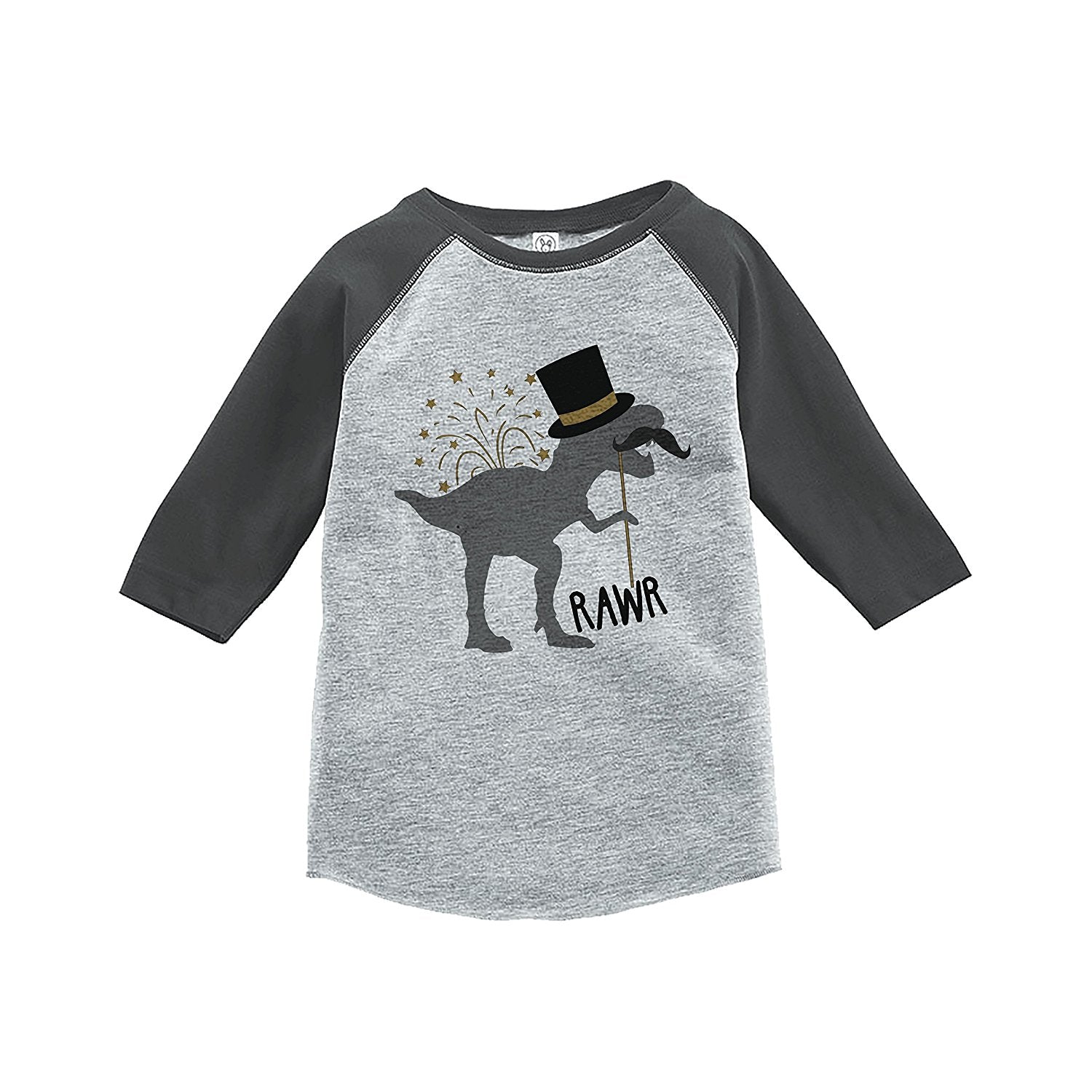 7 ate 9 Apparel Kids Dinosaur New Year's Eve Grey Baseball Tee