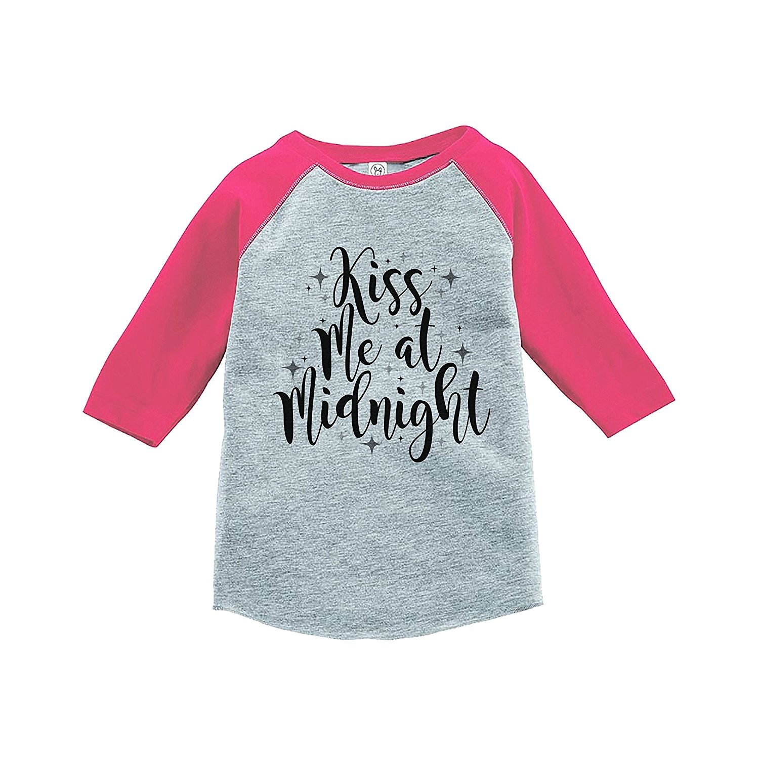 7 ate 9 Apparel Kids Kiss Me At Midnight New Year's Eve Pink Baseball Tee