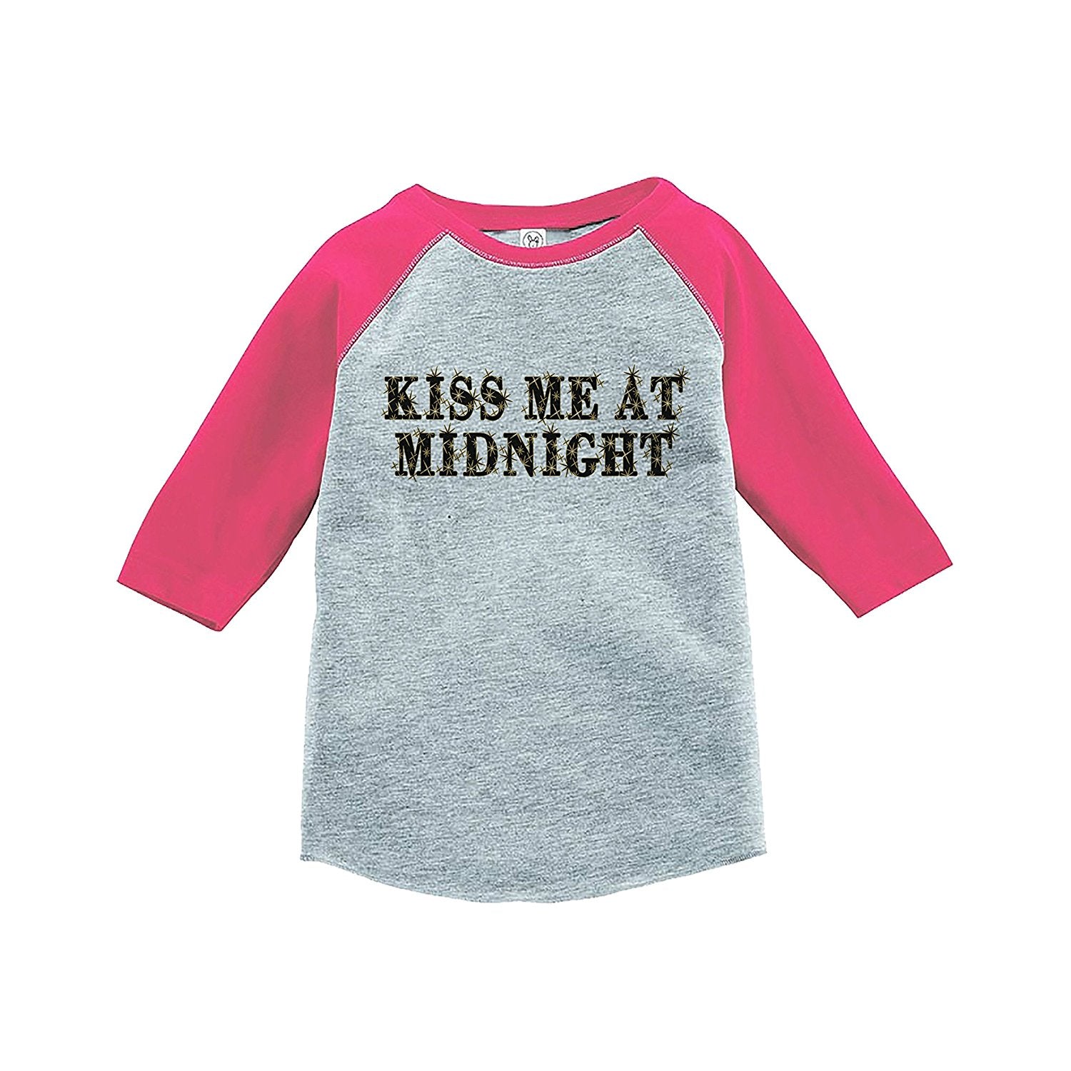 7 ate 9 Apparel Kids Kiss Me At Midnight New Year's Eve Pink Baseball Tee