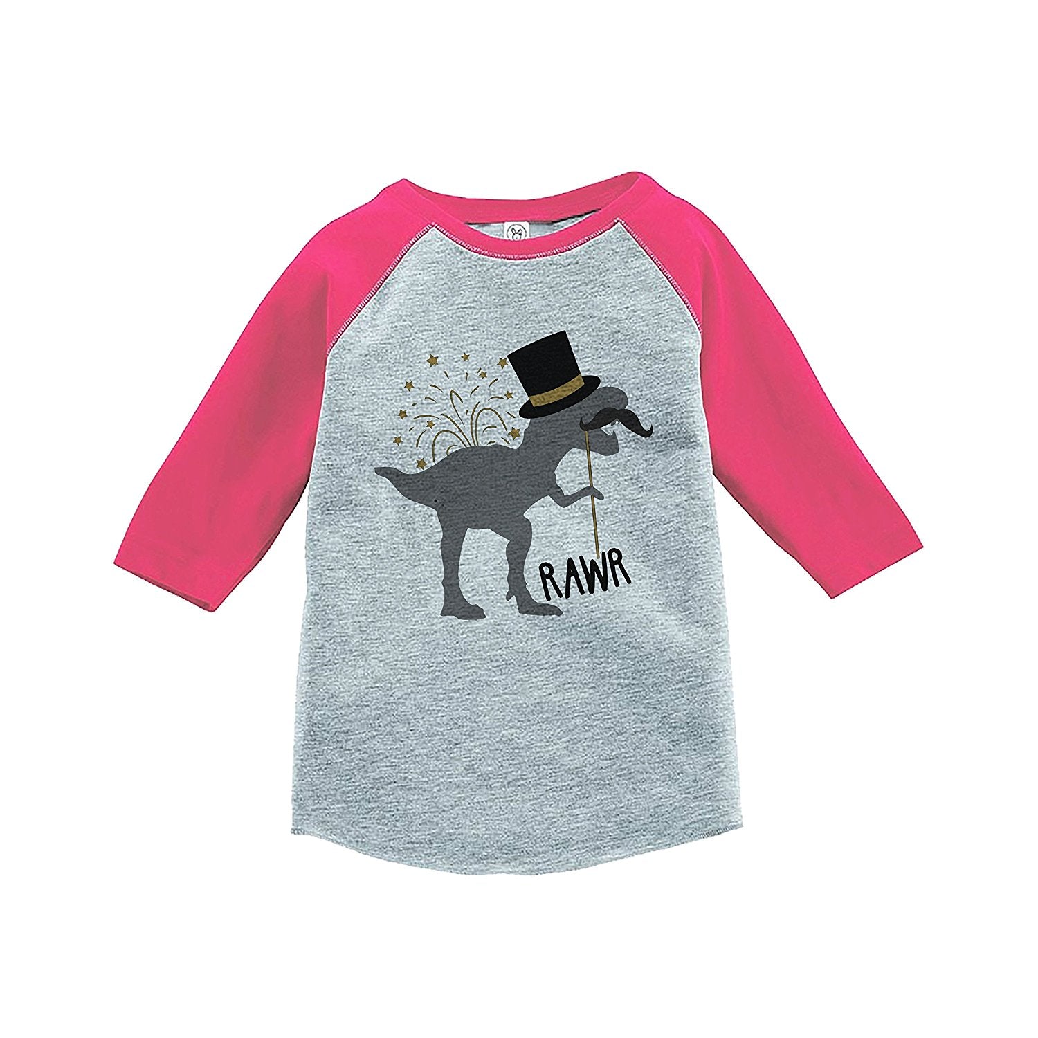 7 ate 9 Apparel Kids Dinosaur New Year's Eve Pink Baseball Tee