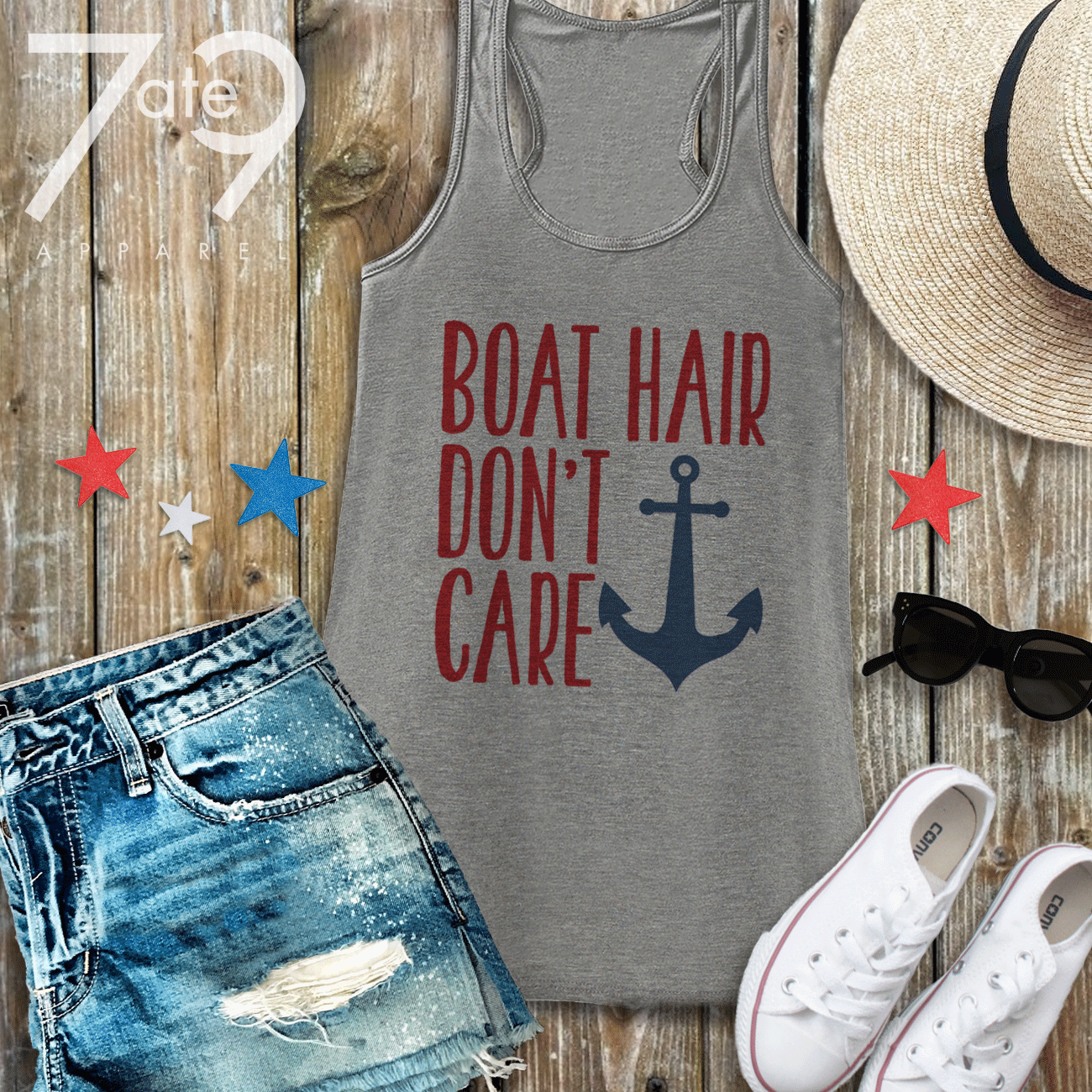 7 ate 9 Apparel Ladies Boat Hair Don't Care Summer Tank Top