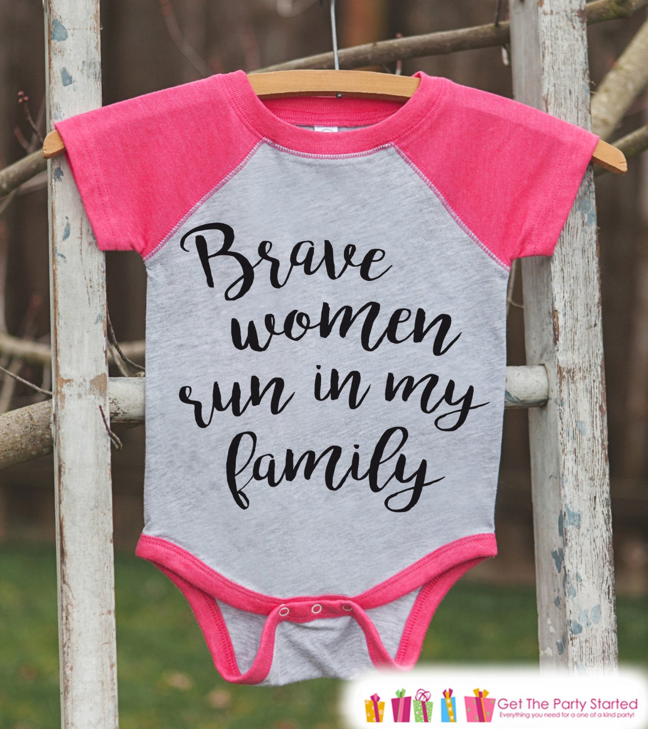 Kid's Cancer Awareness Outfit - Brave Women Run In My Family Onepiece or Tshirt - Pink Raglan fo