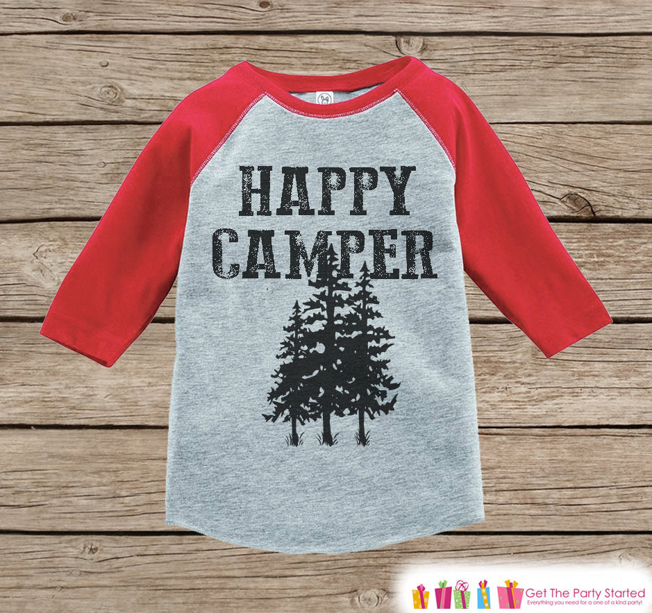 Kid's Happy Camper Tree Outfit - Red Raglan Shirt, Onepiece 