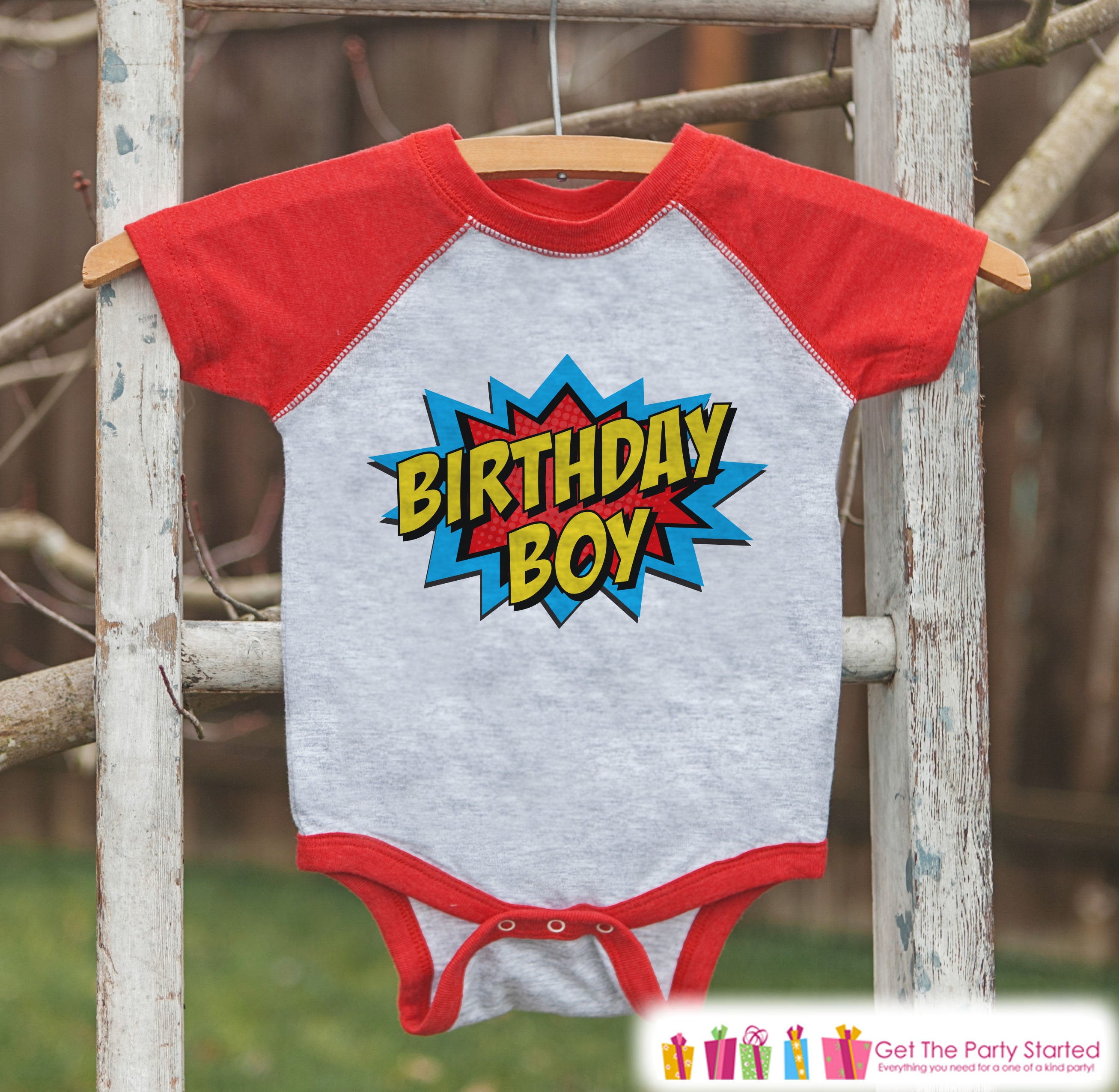 Boys Birthday Outfit - Superhero Birthday Boy Shirt or Onepiece - Youth, Toddler, Baby Birthday Outf